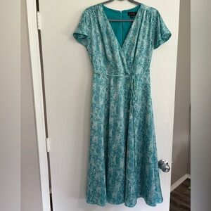 Tahari size 6 Teal Patterned Maxi Dress Women V neck Summer Spring Casualchic